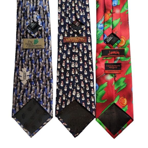 Set of 3 Holiday Christmas Winter Silk Neck Ties Ornaments Snowmen Penguin - Picture 2 of 10